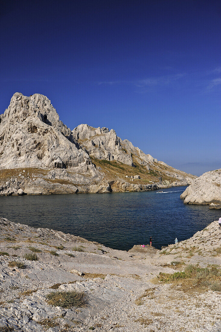 Barren rocks and small bay at Cap Croisette, Cote d´Azur, Bouches-du-Rhone, Provence, France, Europe