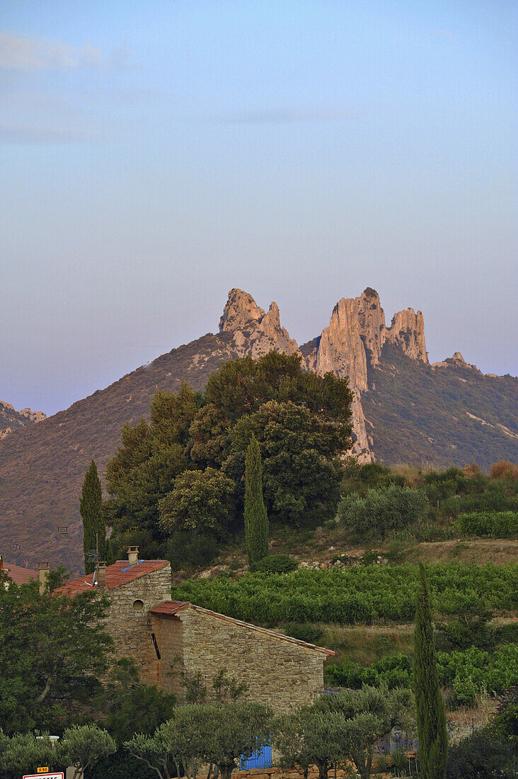 View at rock formation Dentelles de Montmirail at dusk, Vaucluse, Provence, France, Europe