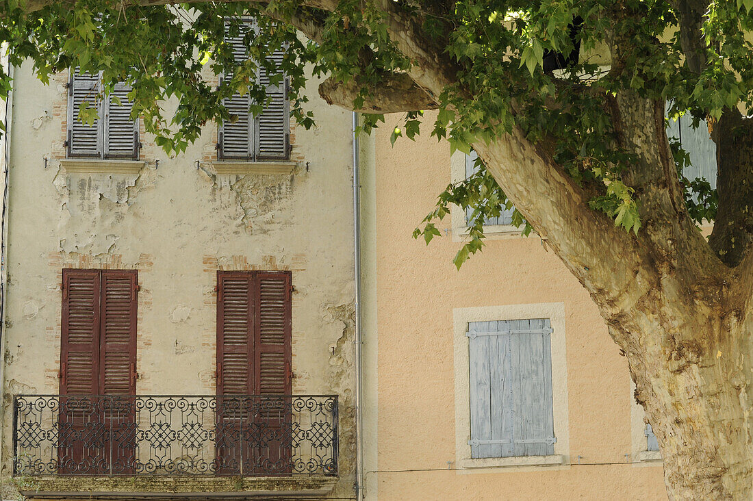 Häuser mit geschlossenen Fensterläden in Buis, Buis-les-Baronnies, Haute Provence, Frankreich, Europa