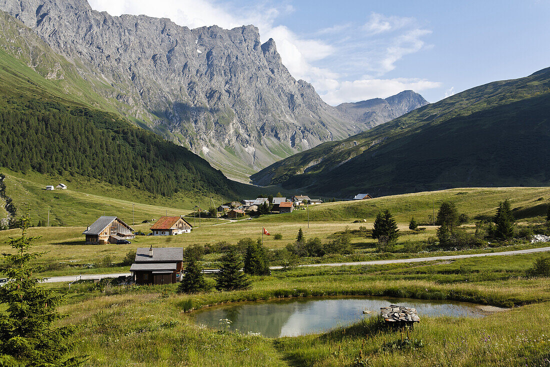 Hamlet Radons in Val Nandro, Piz Forbesch and Wissberg in background, Grisons, Switzerland