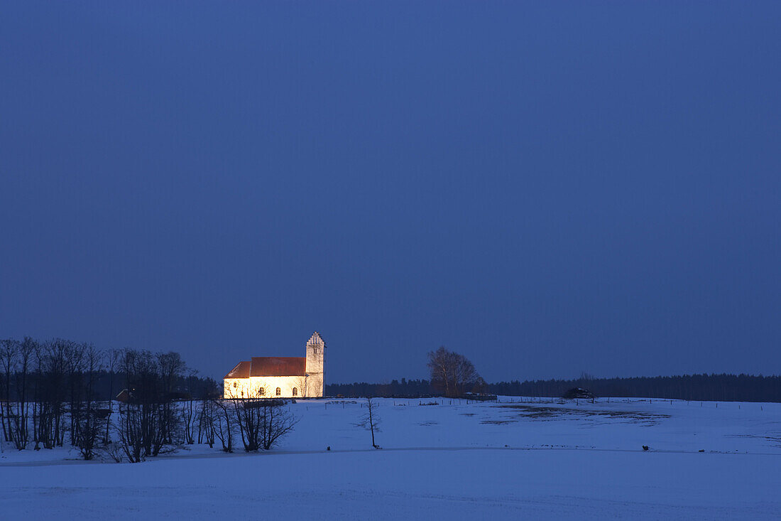 Lyngsjö church by night, Skåne, Sweden