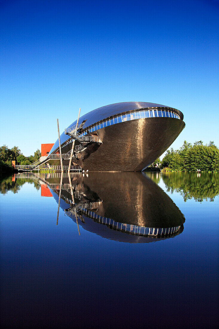Science museum Universum at the river bank under blue sky, Hanseatic City of Bremen, Germany, Europe