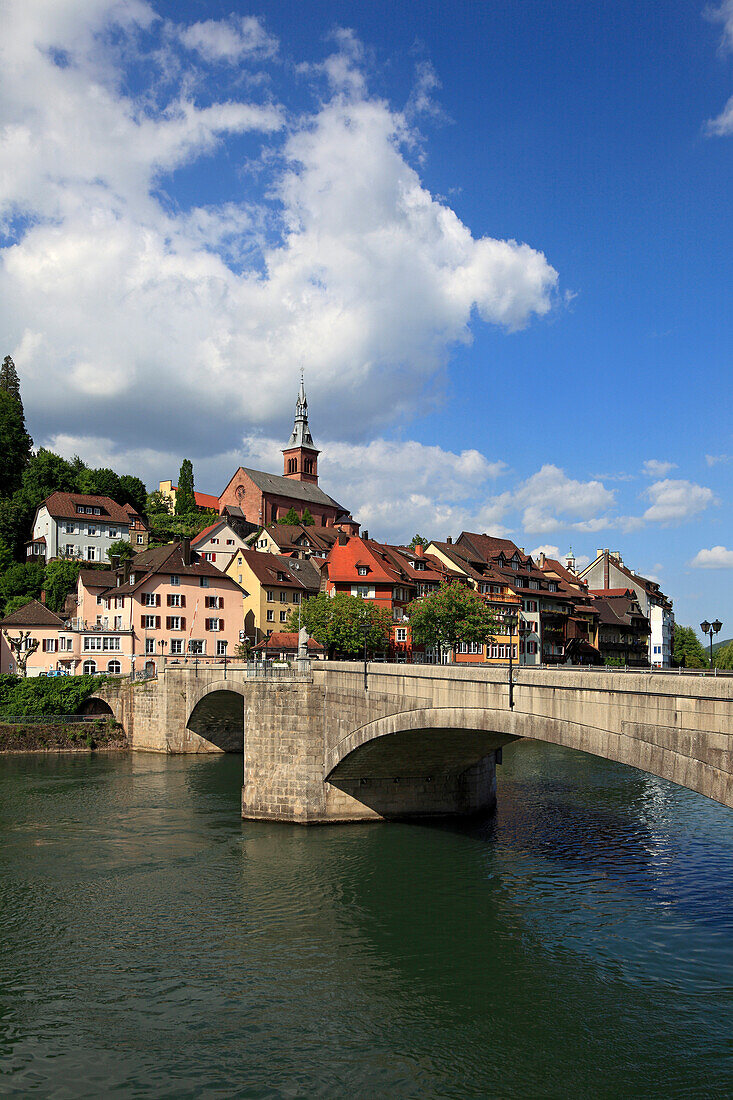 Houses and bridge at the river Rhine, Laufenburg, High Rhine, Black Forest, Baden-Württemberg, Germany, Europe