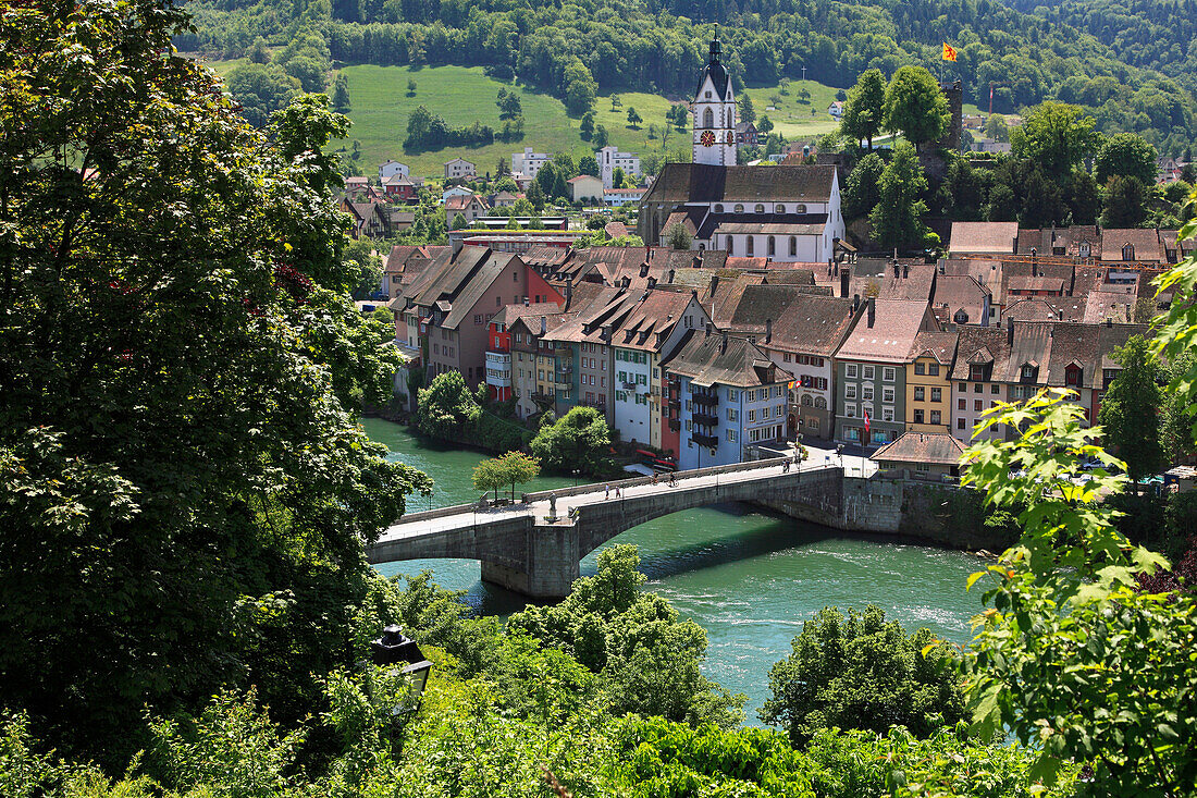 High angle view at bridge and houses, Laufenburg, High Rhine, Canton Aargau, Switzerland, Europe