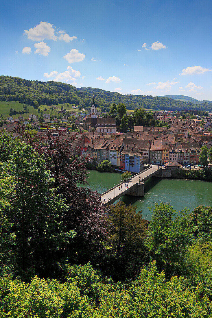 View at bridge and riverine town Laufenburg, High Rhine, Canton Aargau, Switzerland, Europe