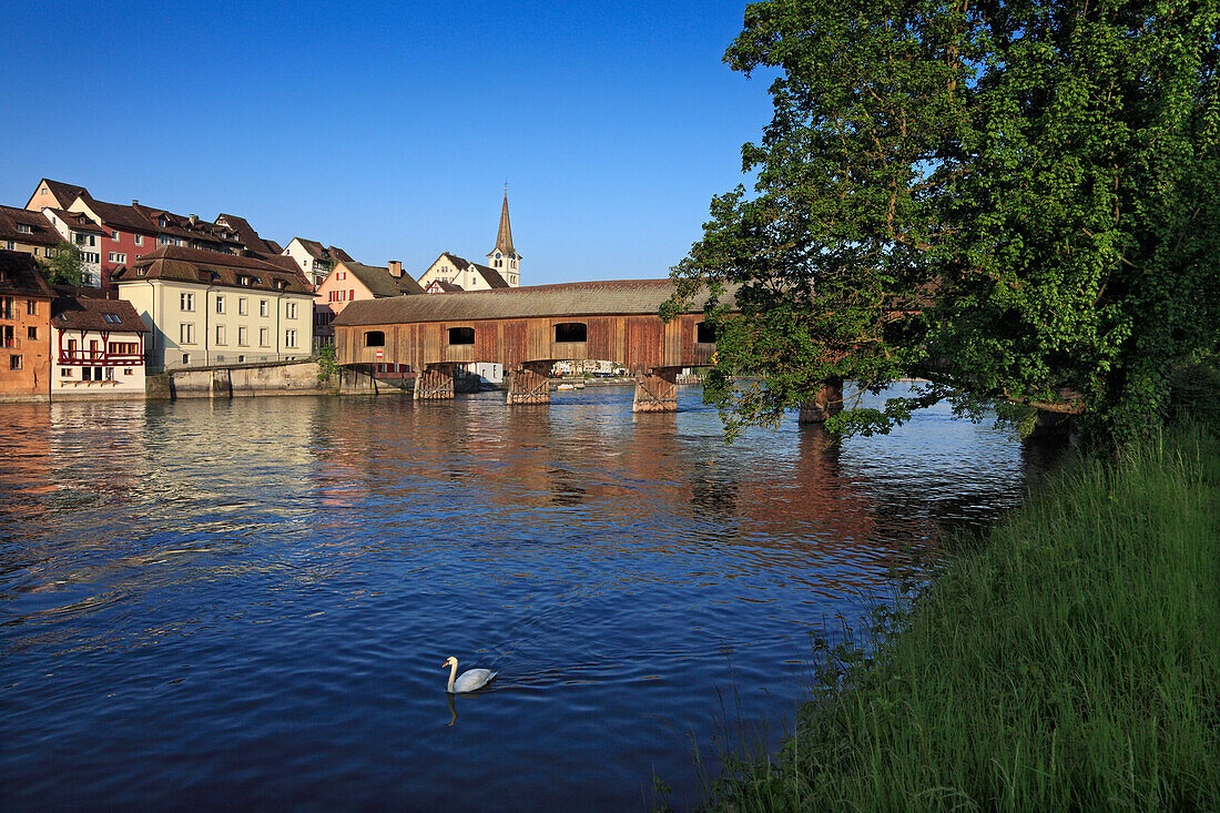 View at the covered bridge across the Rhine river, Diessenhofen, High Rhine, Canton Thurgau, Switzerland, Europe