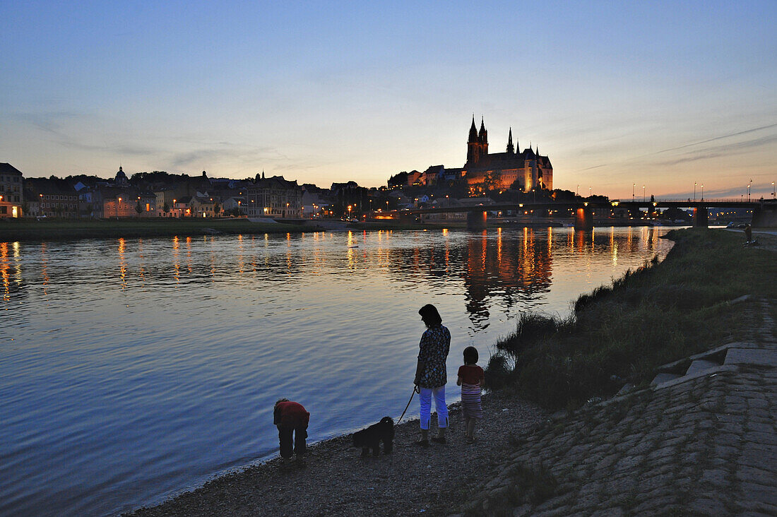 View over Elbe river towards cathedral and old town in the evening, Meissen, Saxony, Germany, Europe