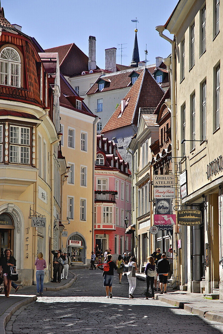 Blick auf Menschen in der Pikk Straße zum Domberg, Tallinn, Estland, Europa