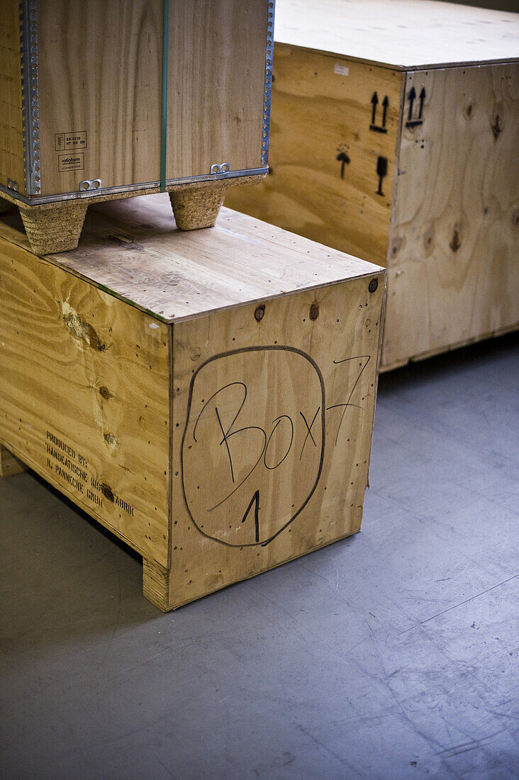 Wooden boxes, Munich airport, Bavaria, Germany