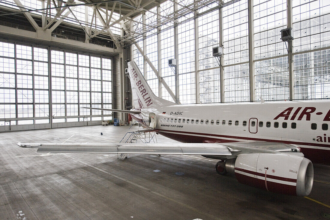 Airliner in hangar, Munich airport, Munich, Bavaria, Germany