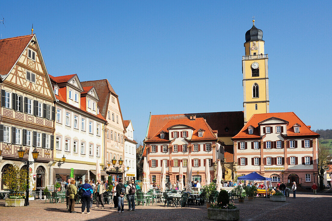 Zwillingshaeuser on the market square in Bad Mergentheim, Bad Mergentheim, Baden-Württemberg, Germany