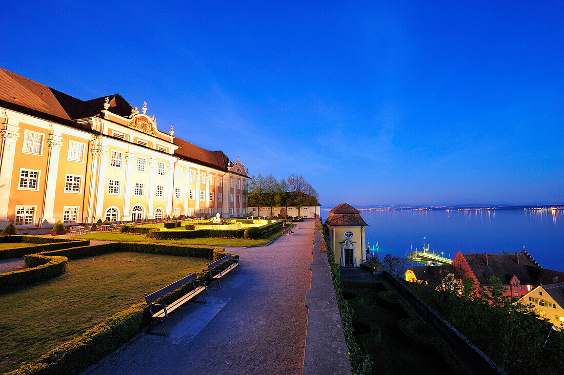 Illuminated castle Neues Schloss with park and lake Constance at night, Meersburg, lake Constance, Baden-Wuerttemberg, Germany