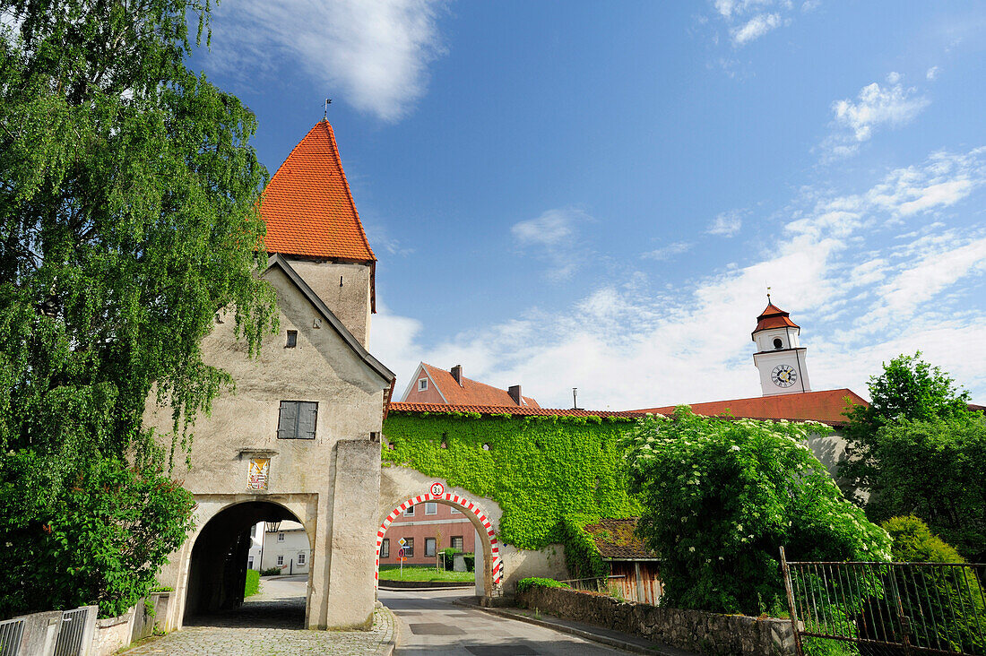 Stadttor von Dollnstein, Altmühltal-Radweg, Naturpark Altmühltal, Altmühltal, Dollnstein, Eichstaett, Bayern, Deutschland