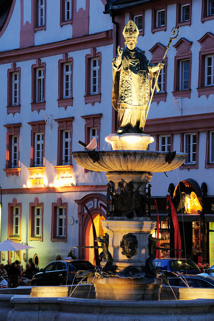 Fountain with figure of bishop, Altmuehltal cycle trail, Altmuehl valley nature park, Altmuehl, Eichstaett, Bavaria, Germany