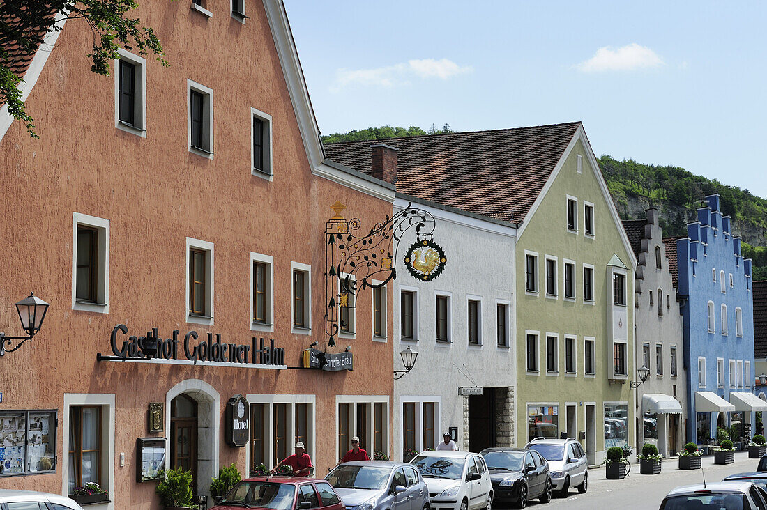 Row of houses with cafes, Altmuehltal cycle trail. Altmuehl valley cycle trail, Beilngries, Eichstätt, Bavaria, Germany