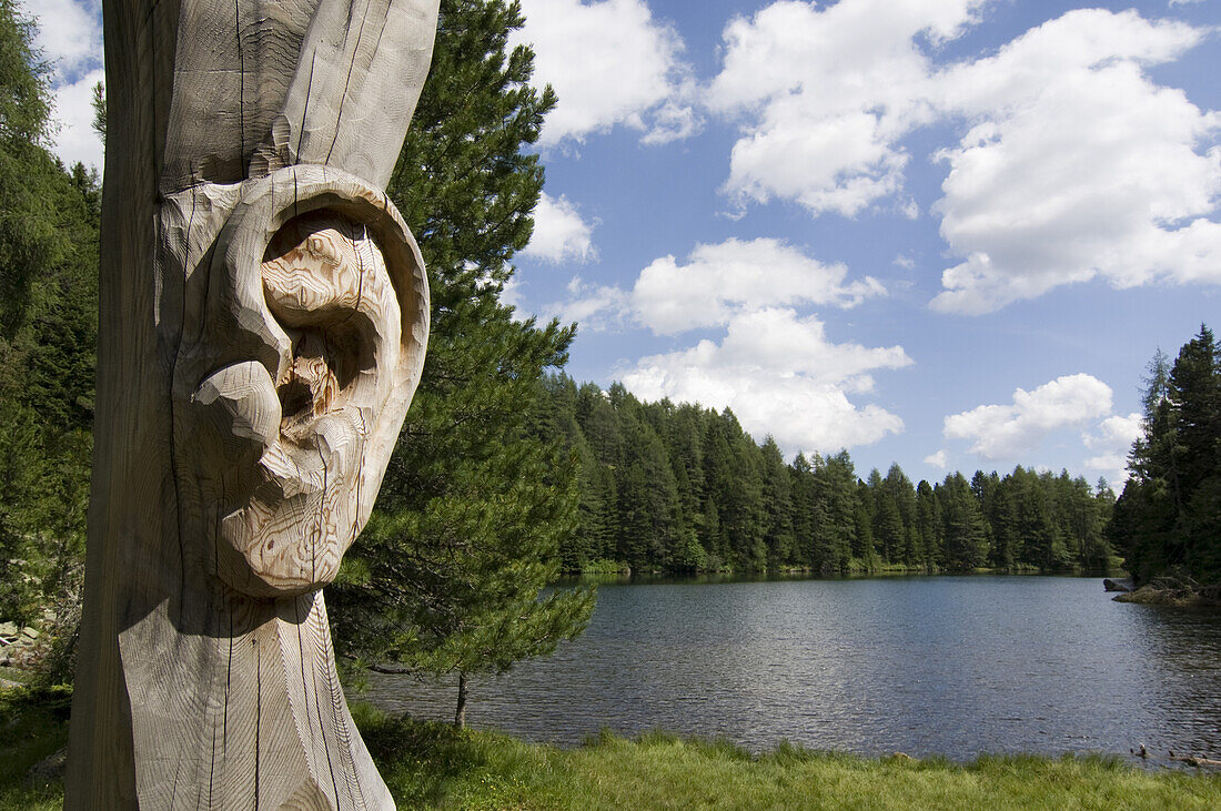 Sculpture of an ear at a lake shore, sensory perception, silentness, Turracher Hoehe, Austria