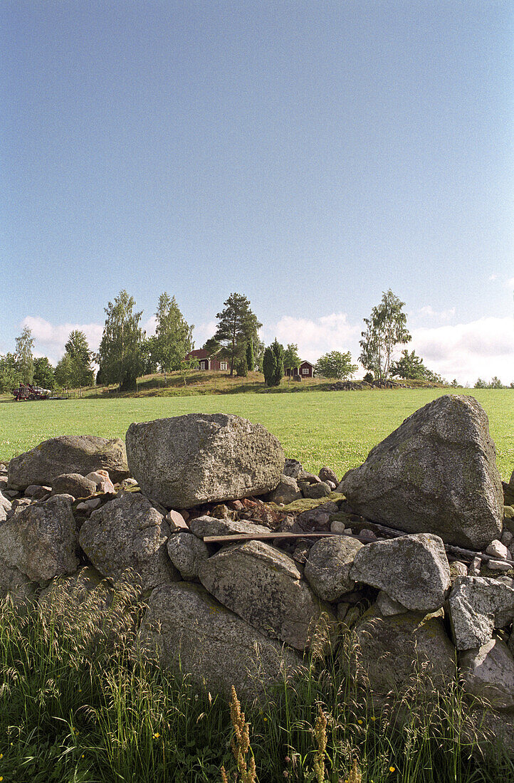 Sommerliche Landschaft mit rotem Holzhaus und Trockenmauer, Smaland, Südschweden, Schweden, Europa