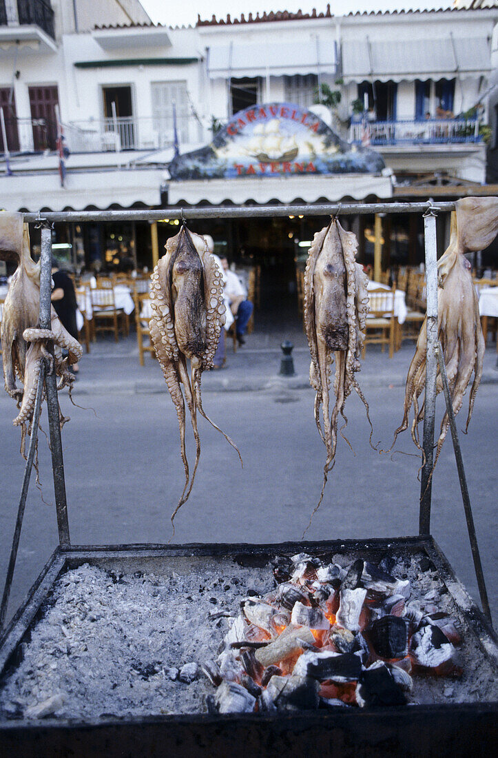 Calamari on a barbecue, Mediterranean sea, Greece, Europe