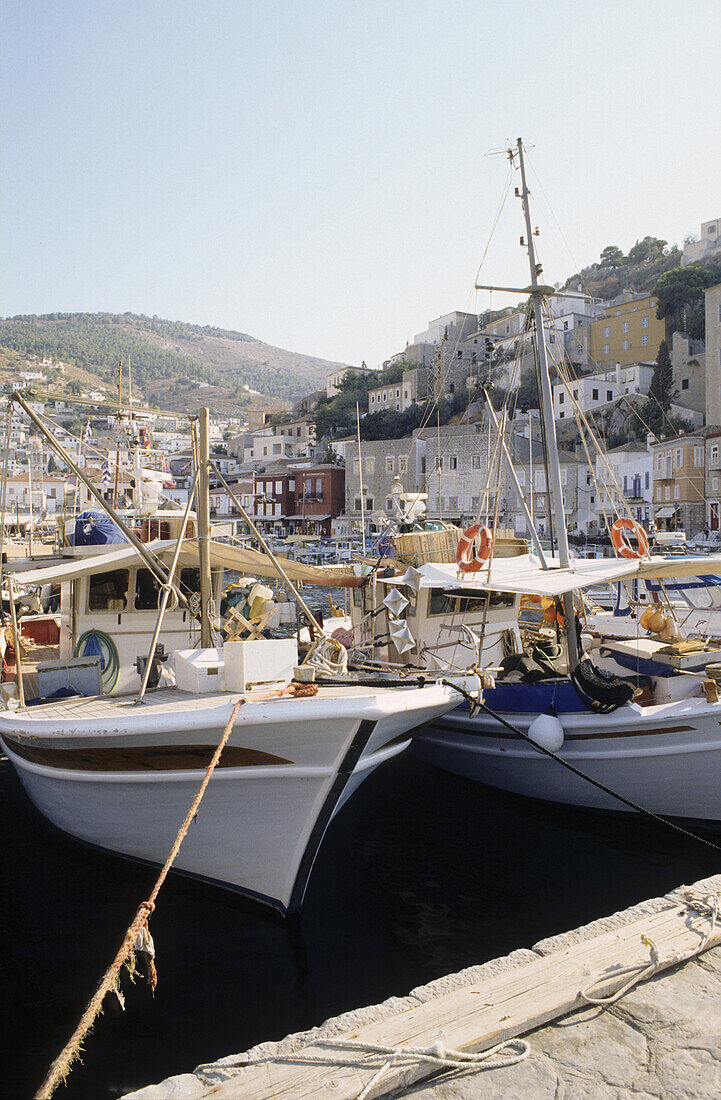 Fishing boats in Hydra harbour, Hydra island, Mediterranean Sea, Hydra island, Greece, Europe