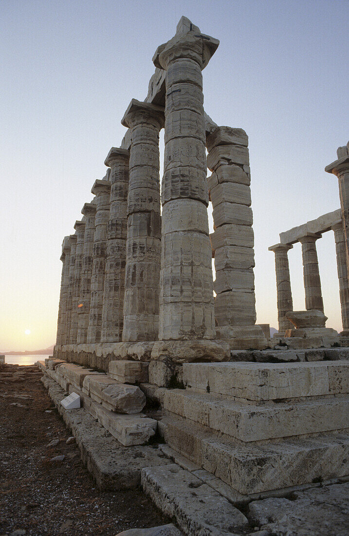 Poseidon temple, Cape Sounion, Sunset, Mediterranean sea, Greece, Europe