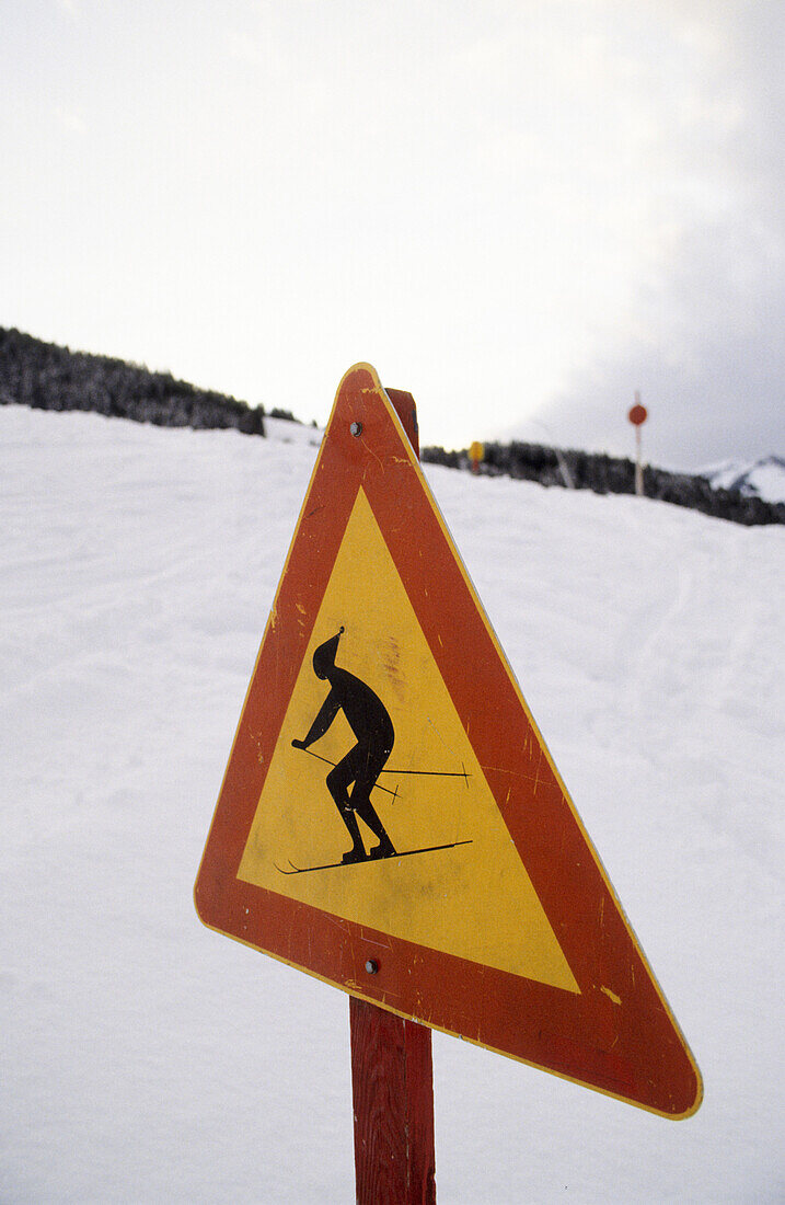Skier warning sign near the ski slope, ski warning signs