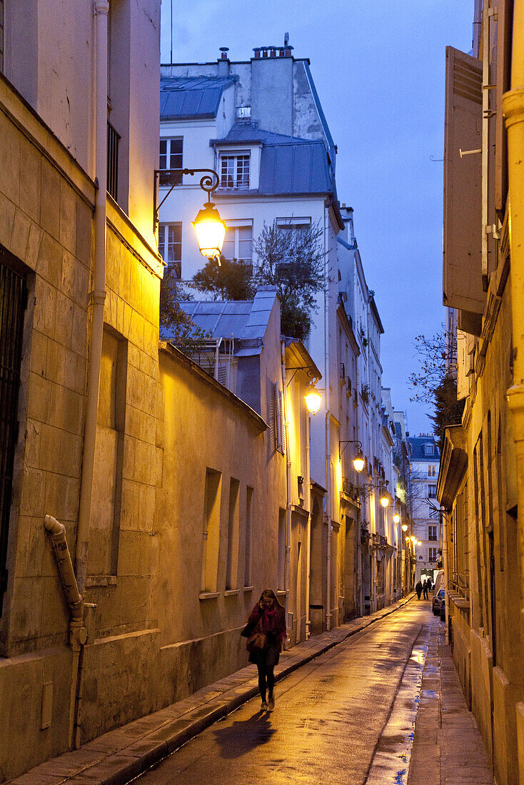 Woman with cell phone in an alley at dusk, 7th arrondissement, Paris, France, Europe