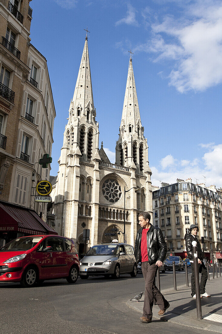 People and church in Belleville District, Paris, France, Europe