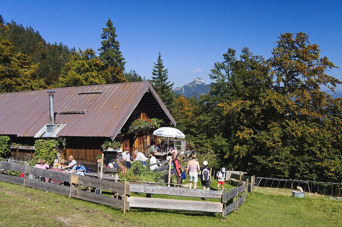 Bergwanderer an der Mitterhütte, Bergwanderung, Hochalm, Alpen, Oberbayern, Deutschland