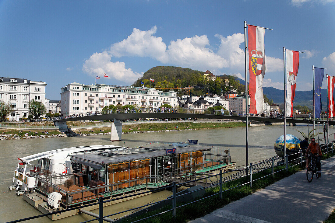 View over river Salzach to Hotel  Salzburg, Salzburg state, Austria