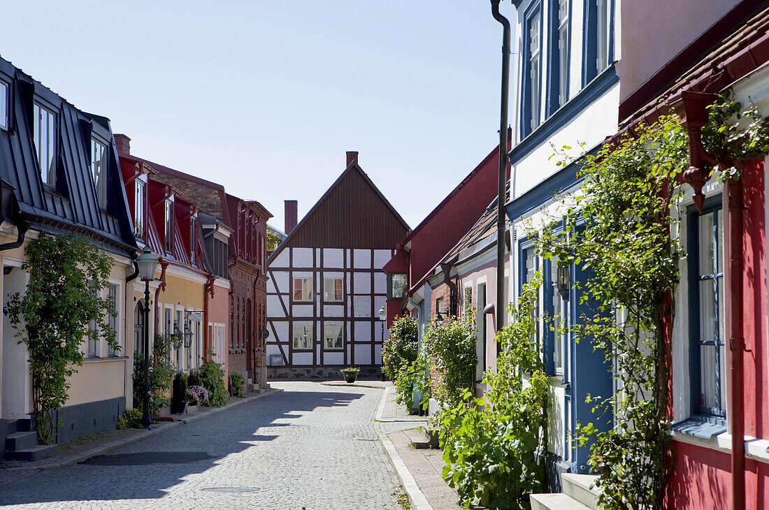 Gasse im historischen Stadtkern von Ystad, Ystad, Schonen, Südschweden, Schweden