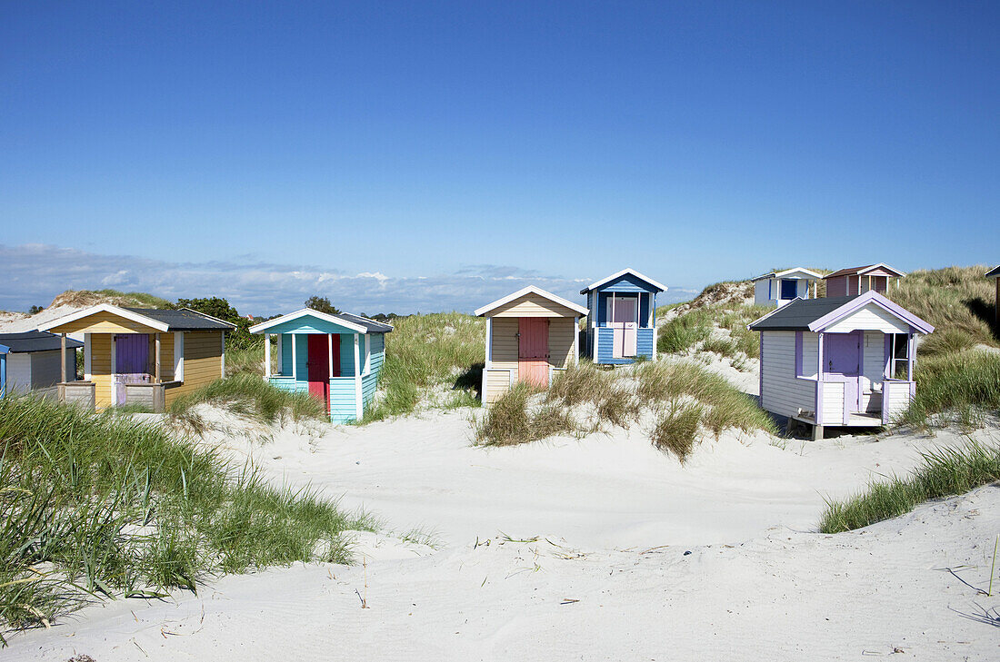 Strandhäuschen am Strand von Skanör, Skanör, Schonen, Südschweden, Schweden