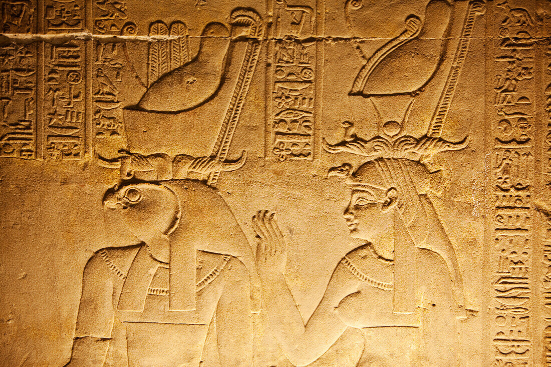 Götterdarstellung in der Säulenhalle des Horustempel, Tempel of Edfu, Edfu, Ägypten, Afrika