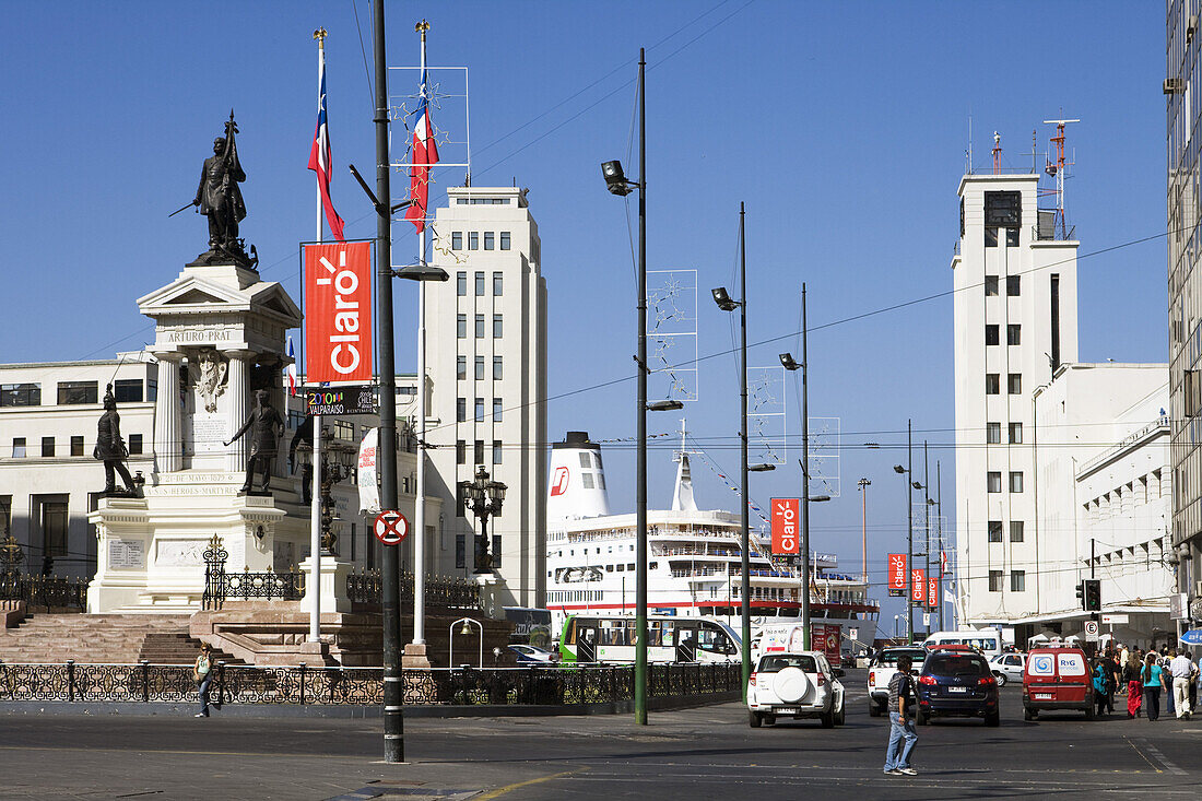 View at busy Sotomayor Plaza and cruiseship MS Deutschland (Deilmann Cruises), Valparaiso, Chile, South America, America