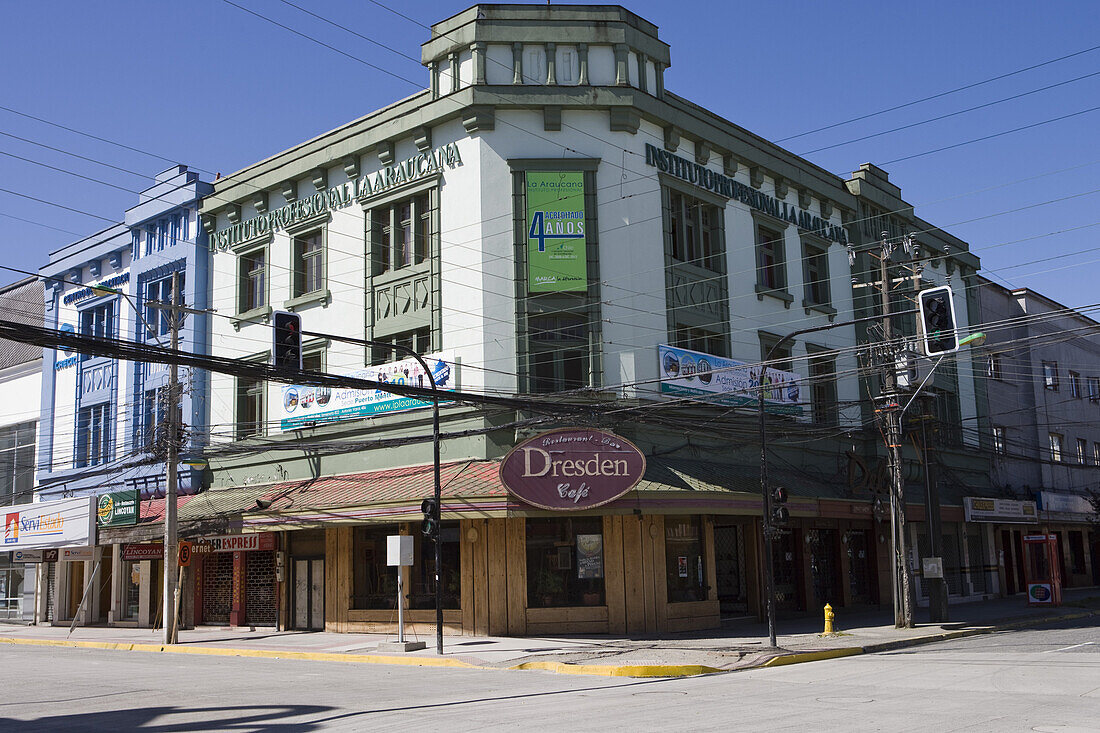 Exterior view of the Dresden Cafe in the sunlight, Puerto Montt, Los Lagos, Patagonia, Chile, South America, America