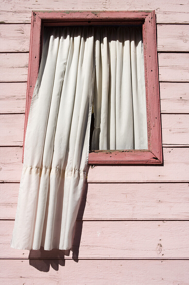 Gardinen hängen aus Fenster an rosafarbenen Haus im La Boca Hafenviertel, Buenos Aires, Argentinien, Südamerika, Amerika