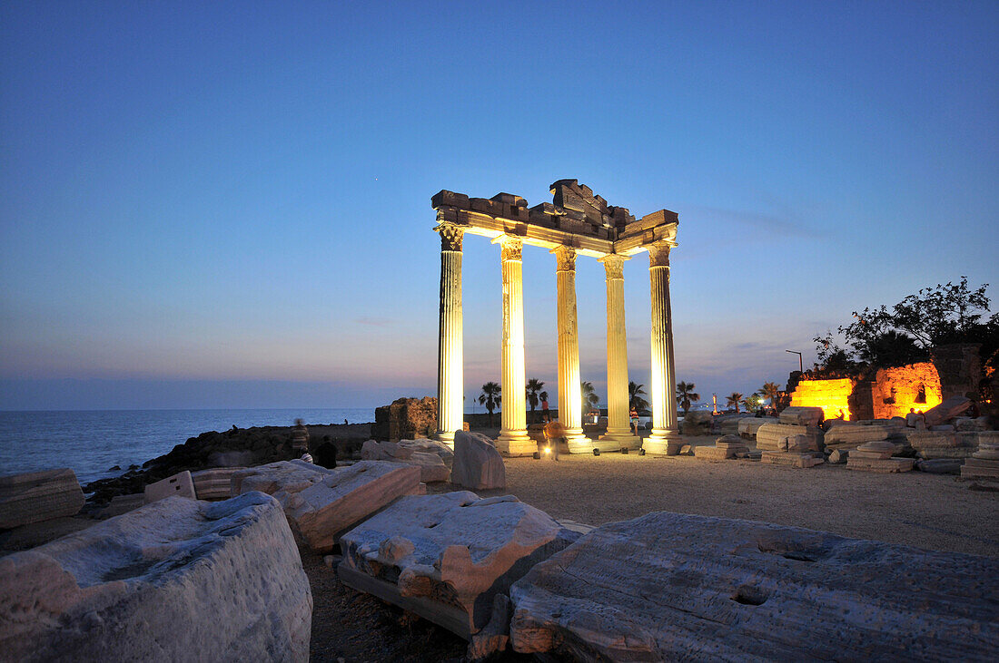 Temple of Appollon and Athena in Side at night, south coast, Anatolia, Turkey