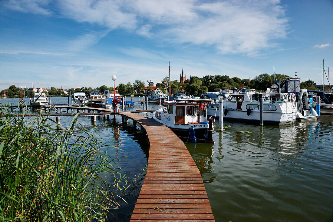 Yacht port with boats and wooden jetty, island town, Werder (Havel), Land Brandenburg, Germany