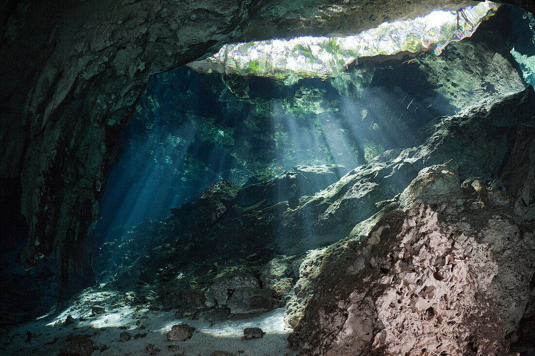 Light Beams in Gran Cenote, Tulum, Yucatan Peninsula, Mexico