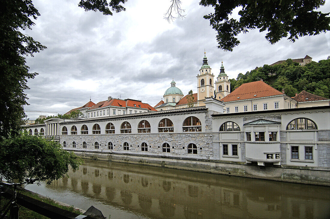 Houses at the river under clouded sky, Ljubljana, Slovenia, Europe