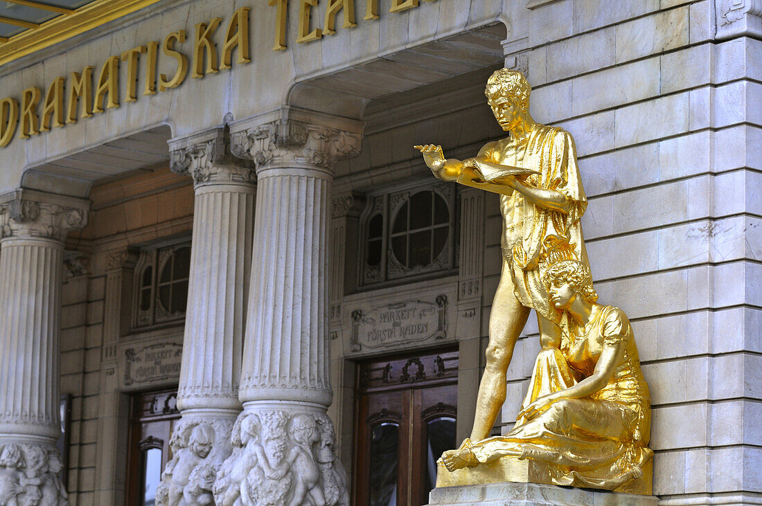 Golden statue in front of Dramaten, Stockholm, Sweden