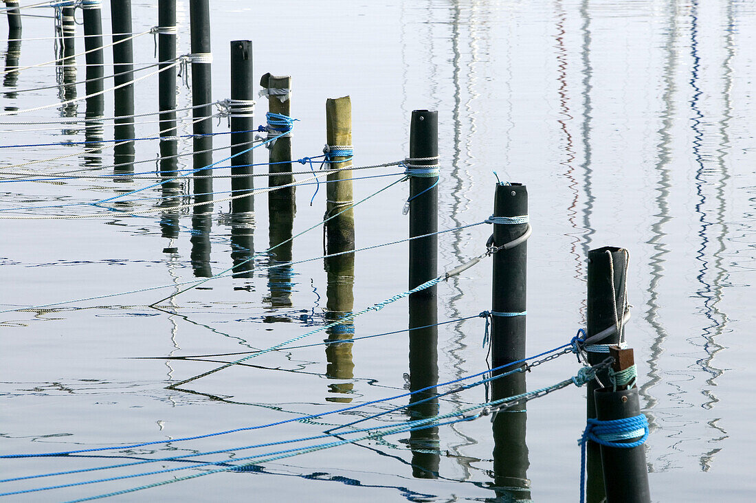 Poles in the harbour, reflections of masts in the water