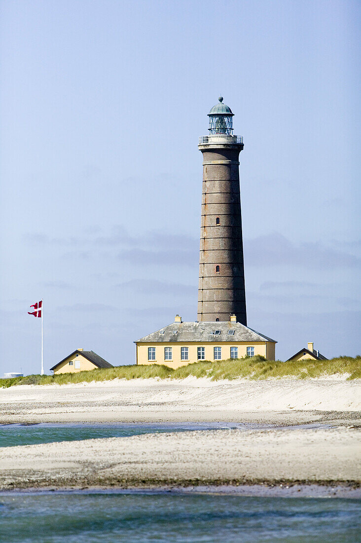 Grey lighthouse and danish flag, Skagen, Jutland, Denmark