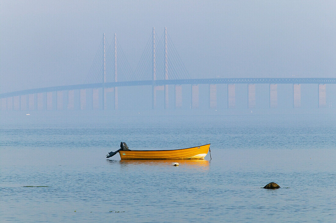A rowing boat in front of the oresund Bridge