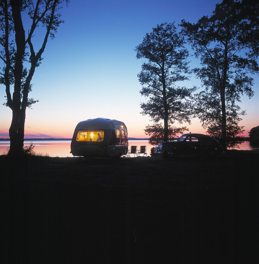 Trailer by lake, Skåne, Sweden