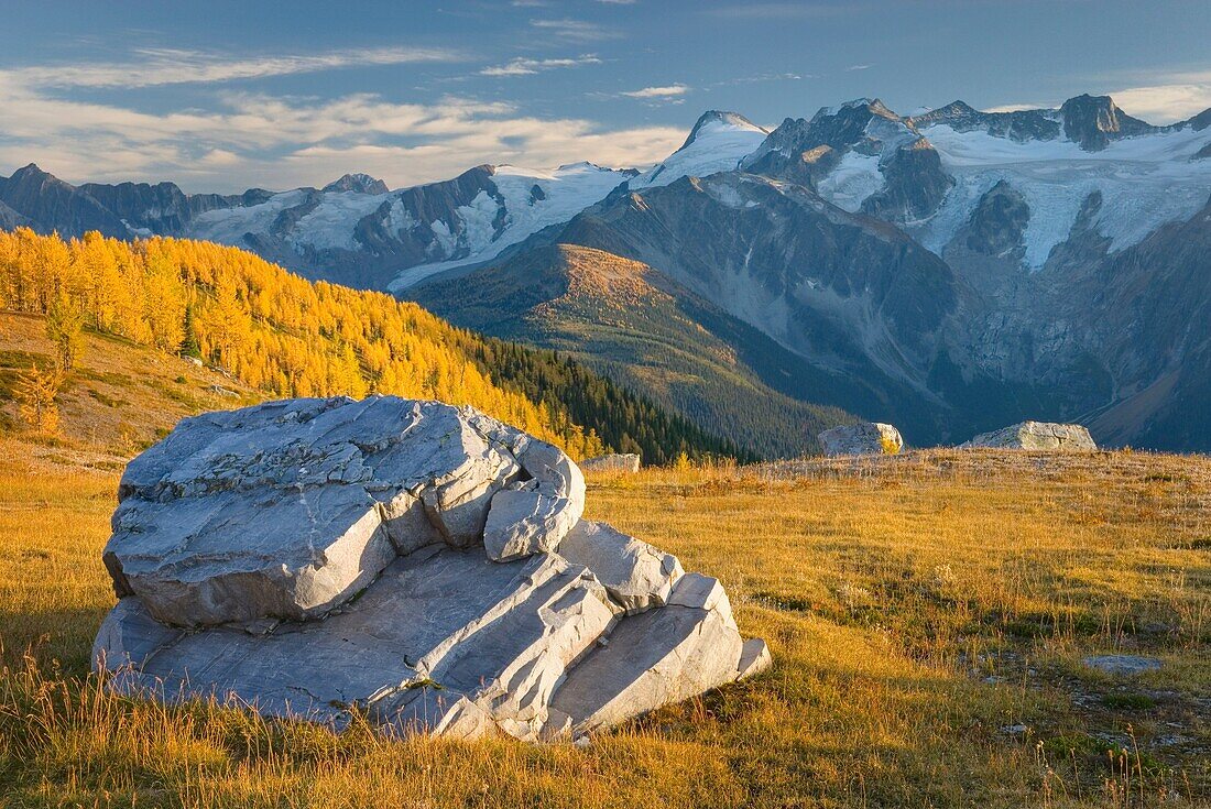 Boulders in Monica Meadows, the peaks of the Truce Group are in the distance, Purcell Mountains British Columbia Canada