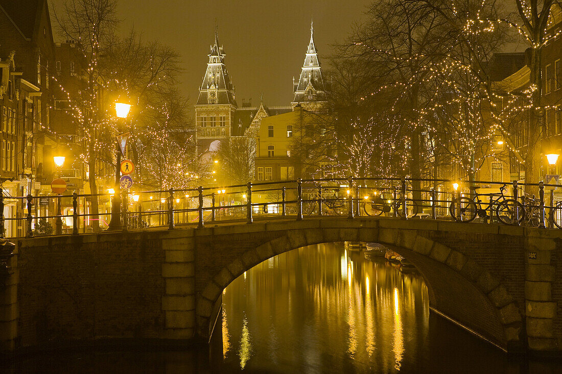 Rijksmuseum and Spiegelgracht during Christmas time, Amsterdam, The Netherlands