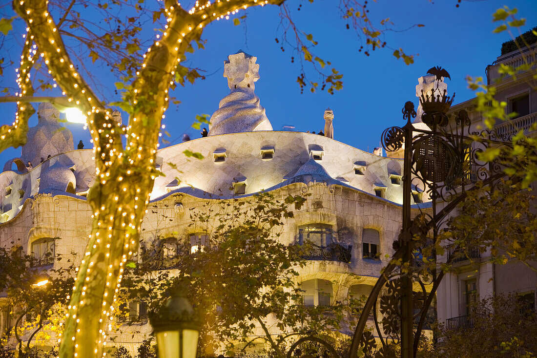 Mila House  aka La Pedrera) during Christmas time, Passeig de Gracia, Barcelona. Catalonia, Spain