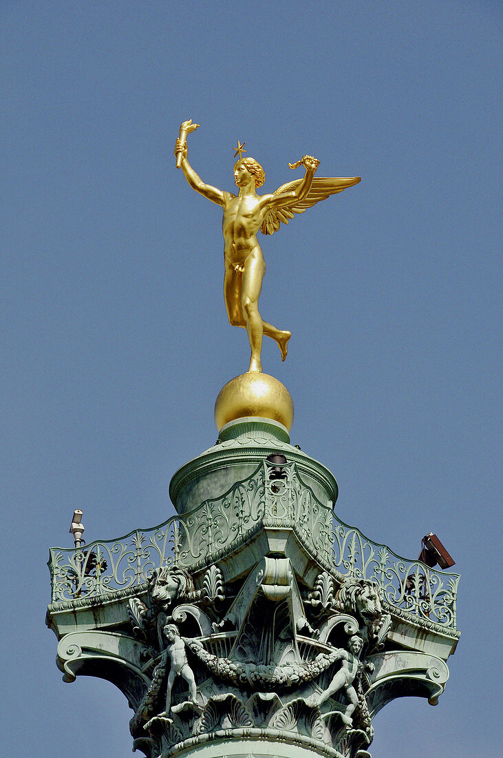 Génie de la Liberté statue on the top of the July Column in Place de la Bastille, Paris, France