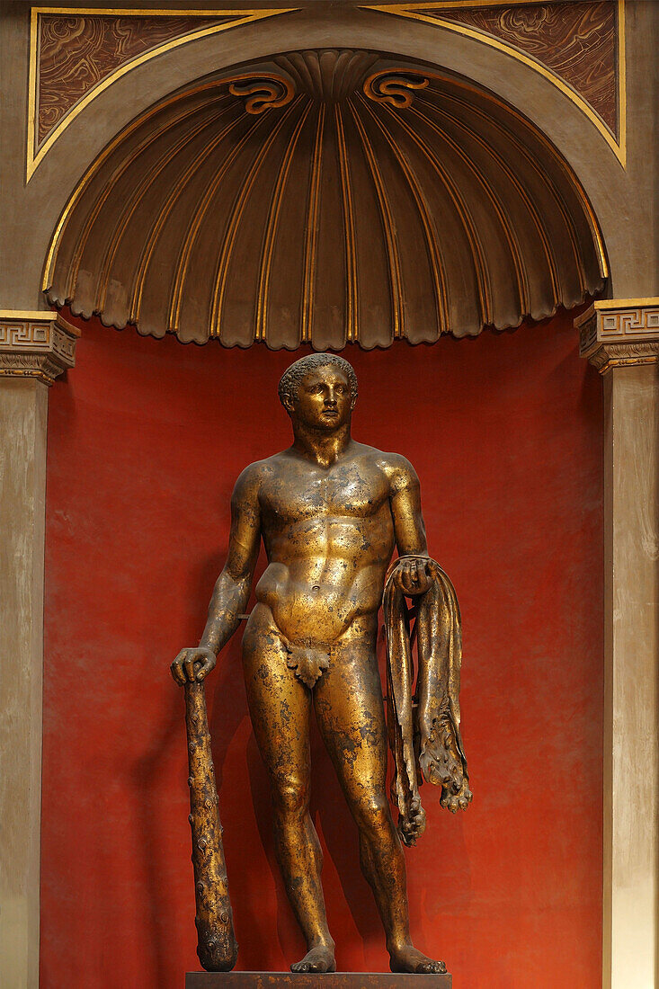 Hercules in gilded bronze statue from the late 2nd century B.C. in Sala Rotonda  Circular Room), Vatican Museums, Rome, Italy