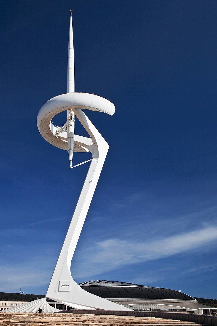 Spain, Cataluna, Barcelona, Santa Eulalia, Sants Montjuic, view of the Telefonica Olympic TV Tower designed by the Architect Santiago Calatrava